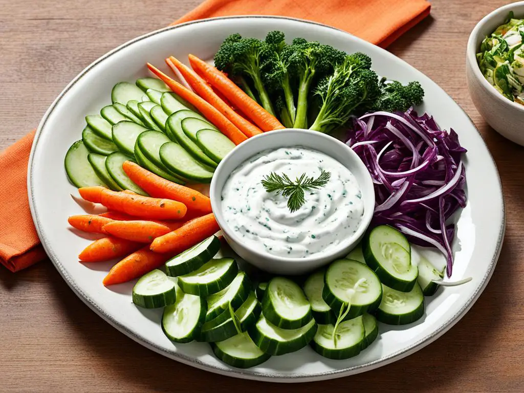 Tzatziki Sauce and Vegetables in tray on a table