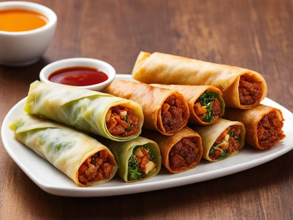 Varieties of Beef Egg Rolls with ketchup in plate on a table 