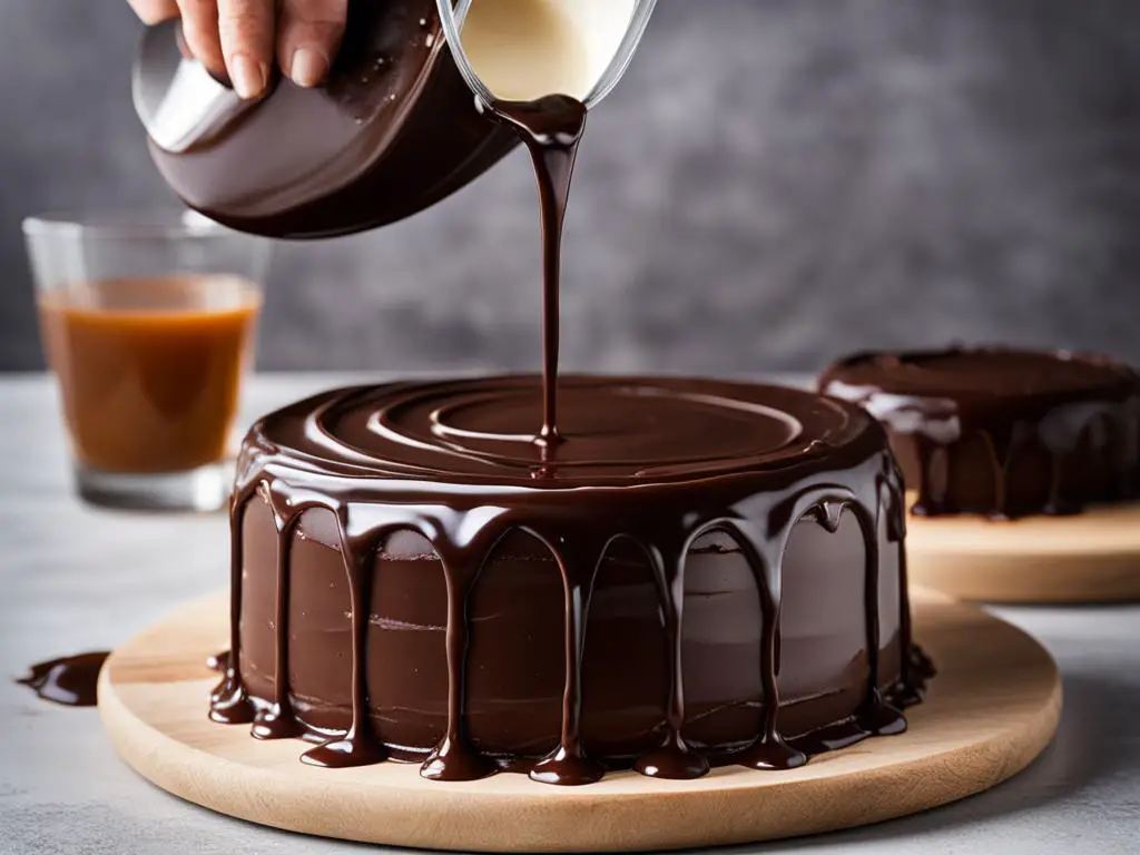 Chocolate falling from jug on a cake topped with ganache chocolate on a serving board
