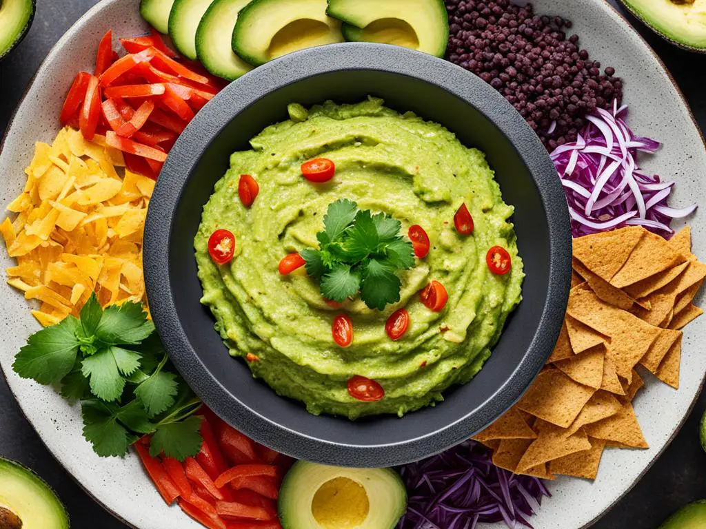 Guacamole  bowl around with chips, onion, corinder, avocado, red chili and beans on a plate placed on the table