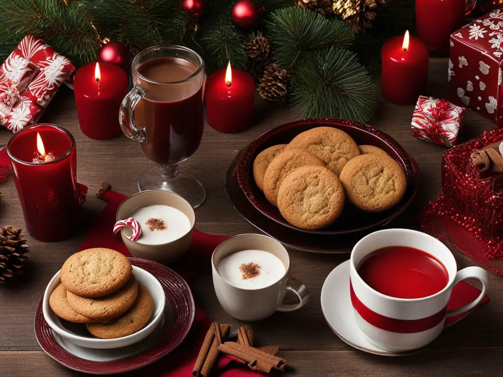 Snickerdoodle cookies with candles, drinks, and Christmas gifts on the table