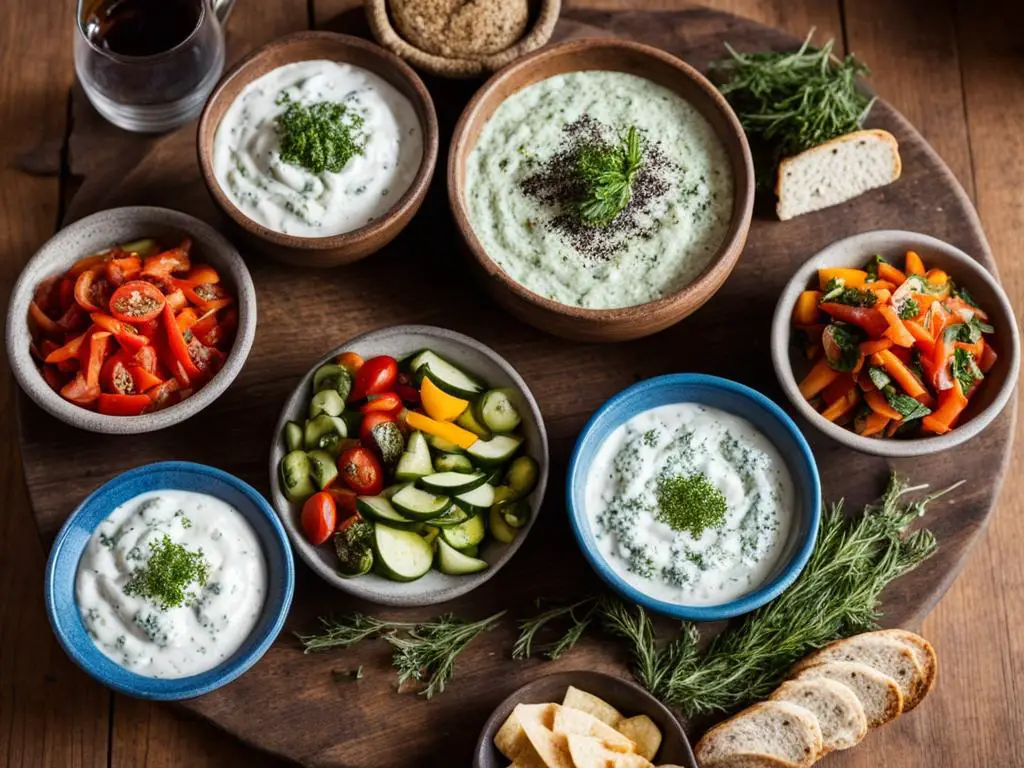 Varities of Tzatziki, Salad bowls, bread slices  and Rosemary on the serving board placed on the table