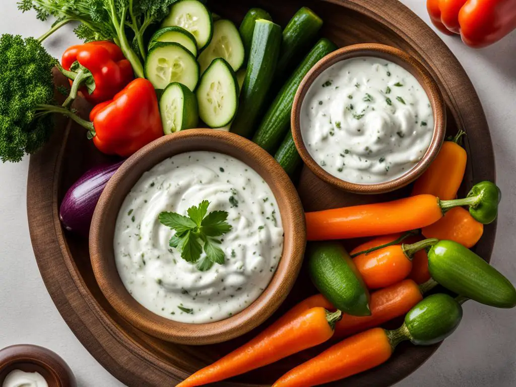 Two bowls of tzatziki with cucumber, green  and red chilis with onion on wooden dish placed on the table