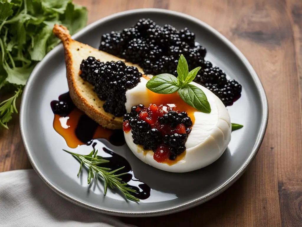 Burrata with black caviar, bread and rosemary topped with honey in plate