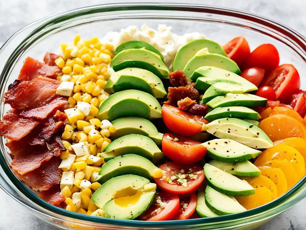 Cobb salad with good dressing in dish on table 