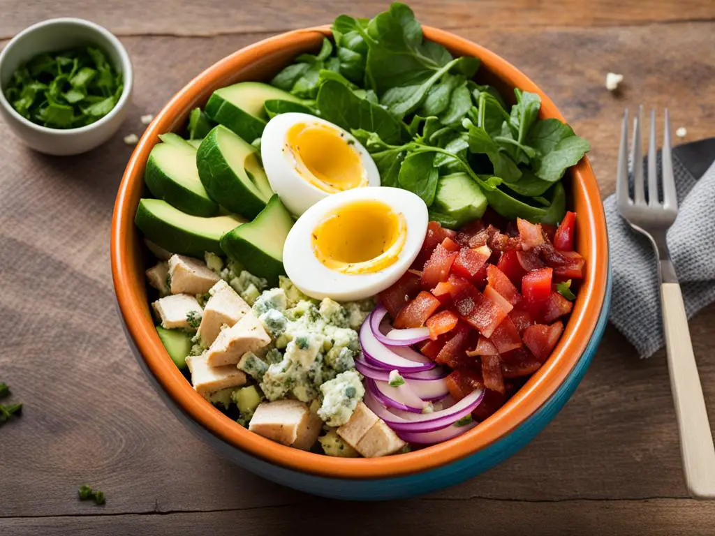 Cobb salad in bowl with fork  with coriander in bowl on a table 