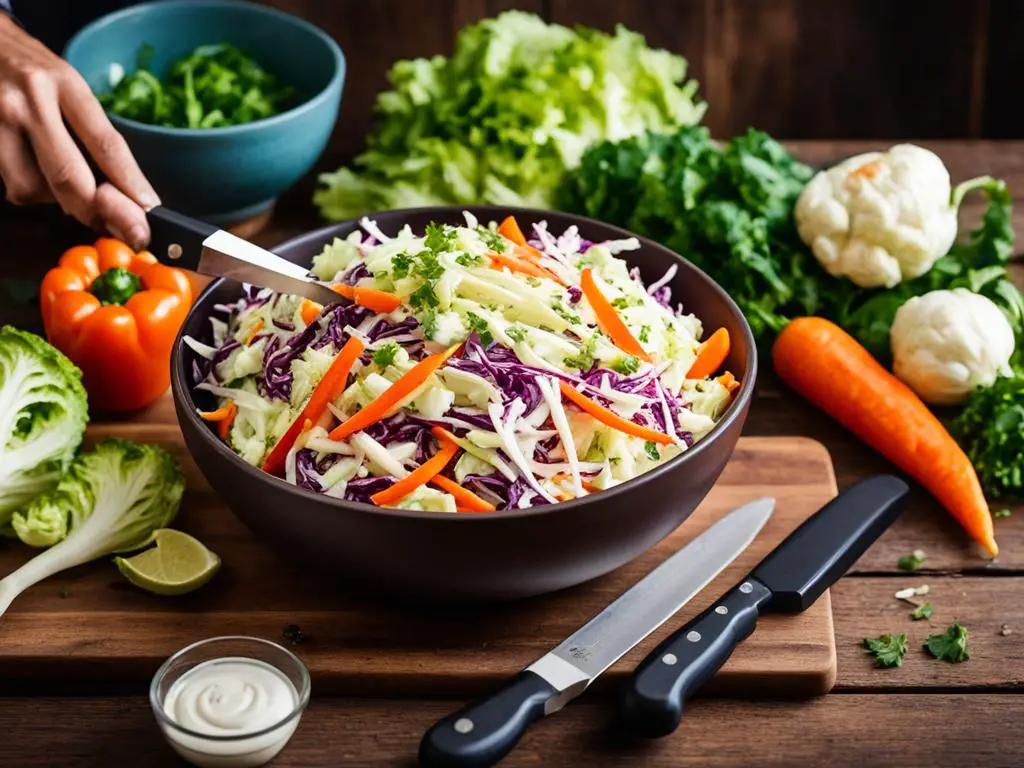 Coleslaw bowl with vegetable and knife on on cutting board on table