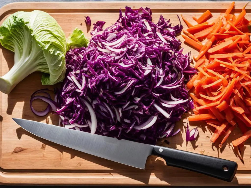 Fresh coleslaw ingredients with knife on cutting board 