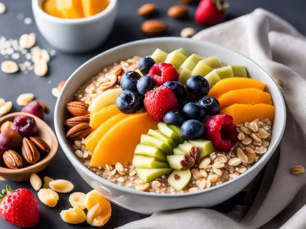Oats in white bowl with fruits and nuts placed on the table 