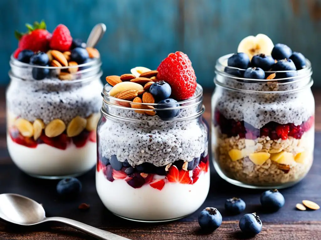 Three overnight oats jars with blueberry and spoon on the table