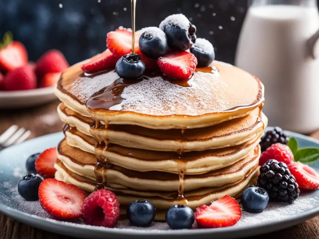Fluffy pancakes topped with black berry, strawberry and powdered sugar in a plate on table