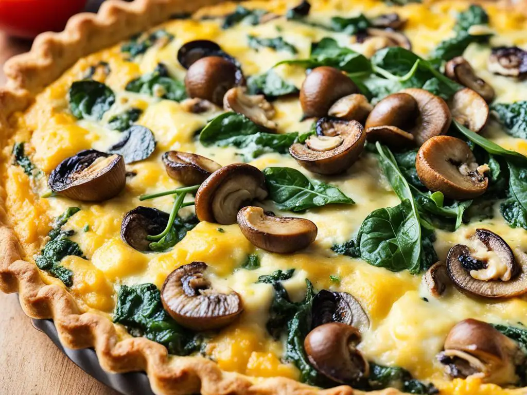 Quiche topped with mushrooms on a table