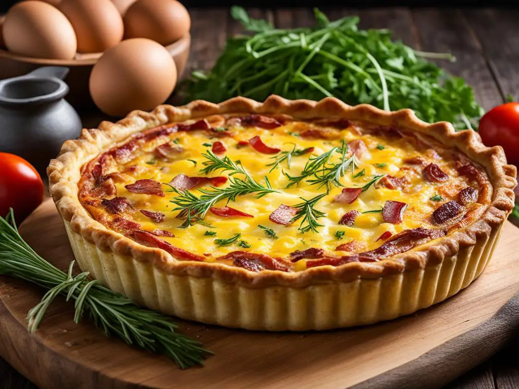 Quiche topped with rosemary on a serving board in front of eggs, and tomatoes on table