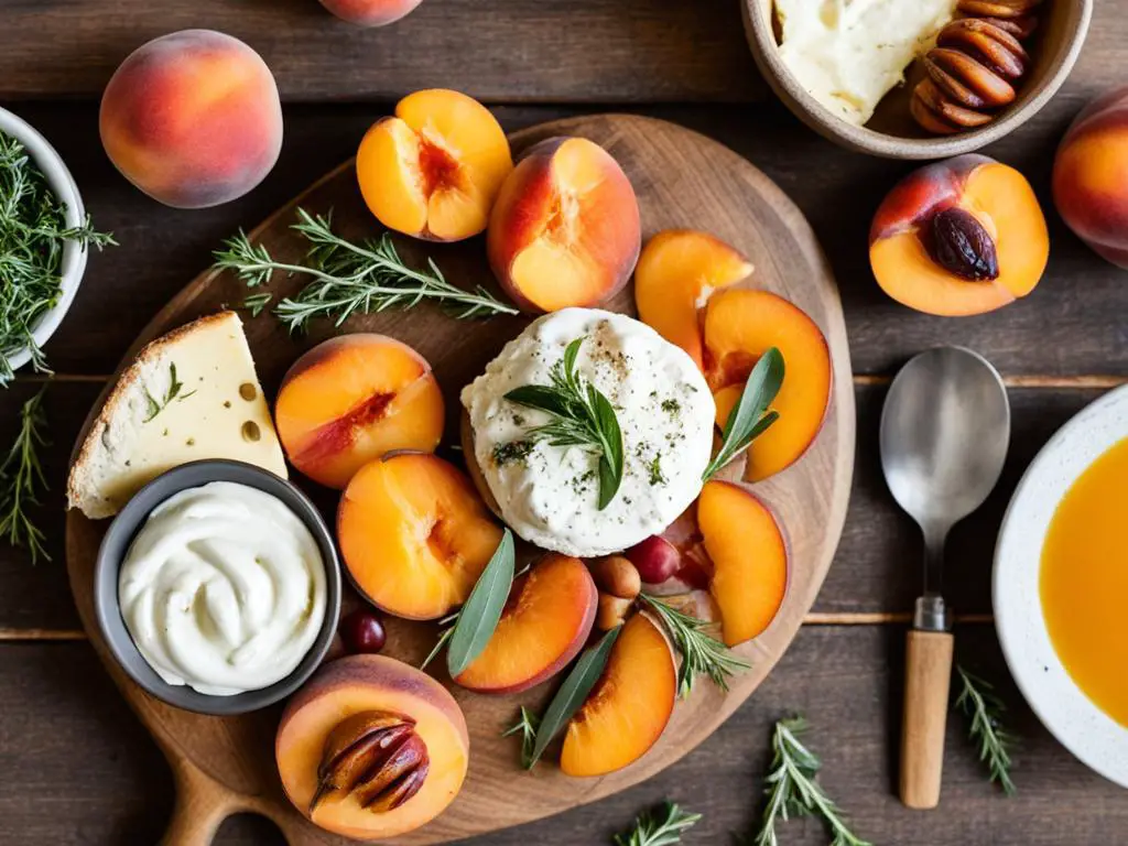 Burrata with peach, rosemary and sauce bowl on serving board with spoon place on table 