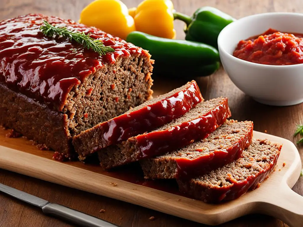 Meatloaf on serving board with sauce, chili and Capsicum 
