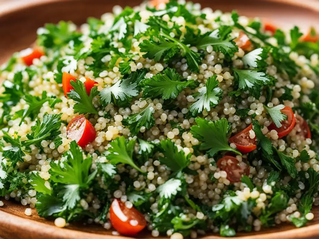 Tabouli salad topped with parsley on a plate