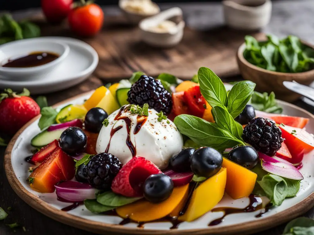 Burrata with fruit in tray topped with chocolate syrup placed on table 