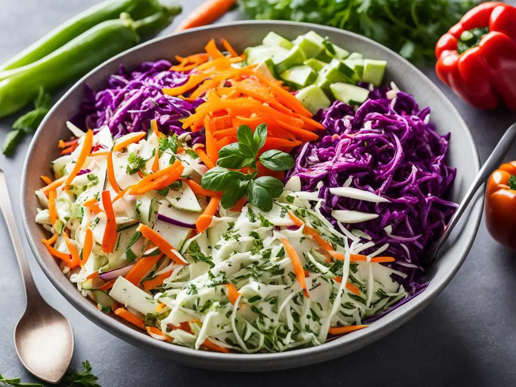 Coleslaw salad topped with mint with spoons and vegetables on the table