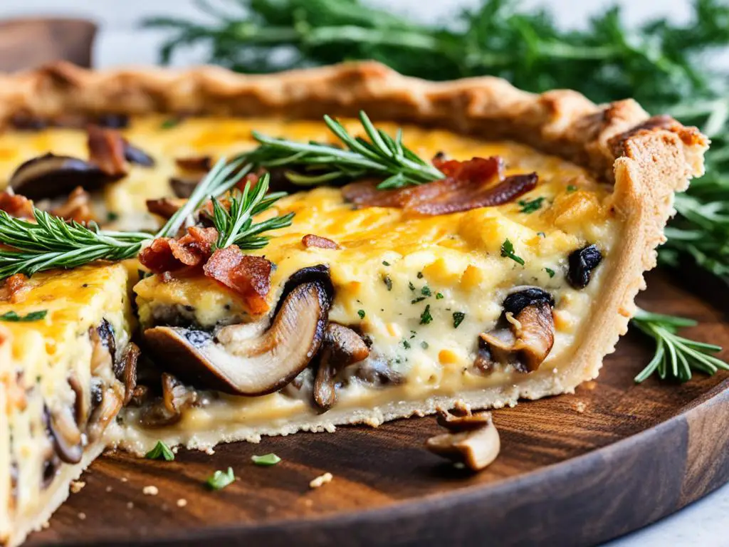 Quiche topped with rosemary on serving board
