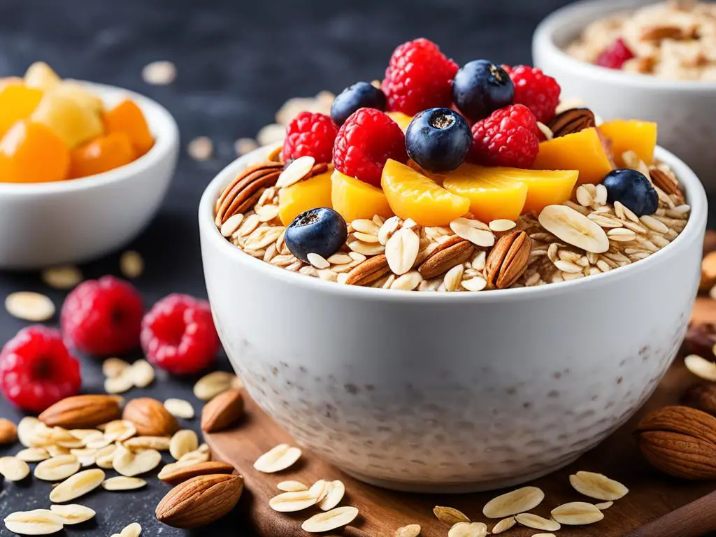 Oats with nuts and fruits in a bowl, served on a board, on the table.