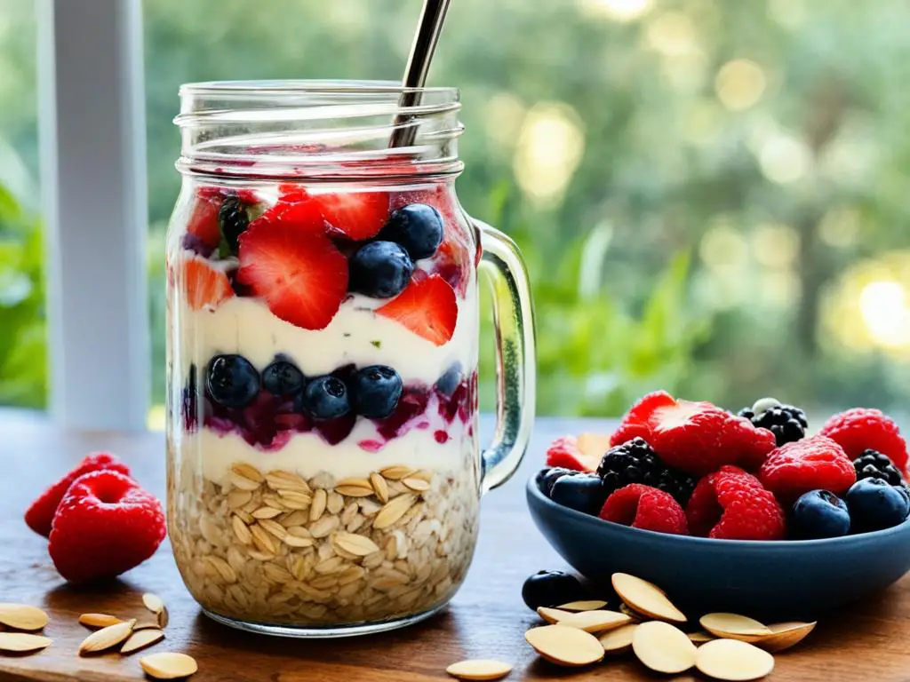Nutritious overnight oats in a jar with spoon and fruits on the table