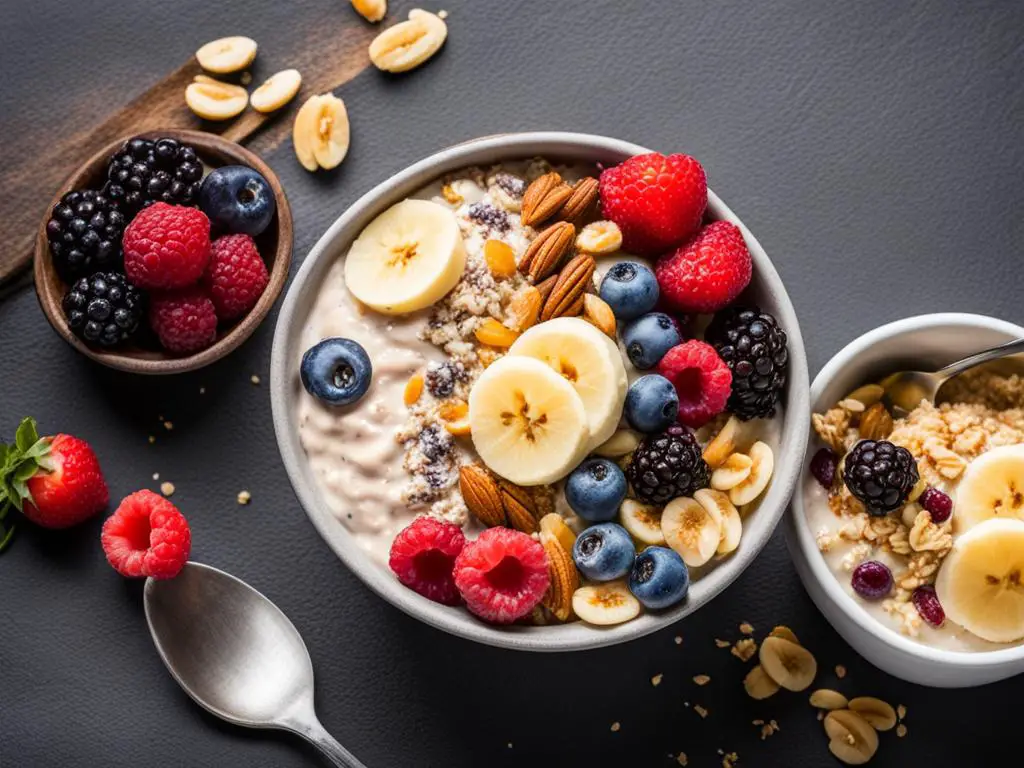 Two egg white oats topped with banana, almond, raspberry, blueberry and walnuts with fruits in bowls with spoon and berries bowls 