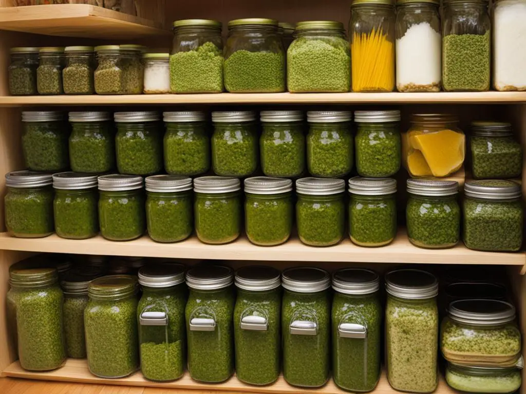 Variety of pesto jars in the shelves 