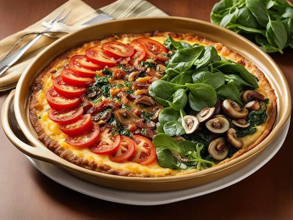 Quiche topped with tomatoes, mashrooms and chauli leaves