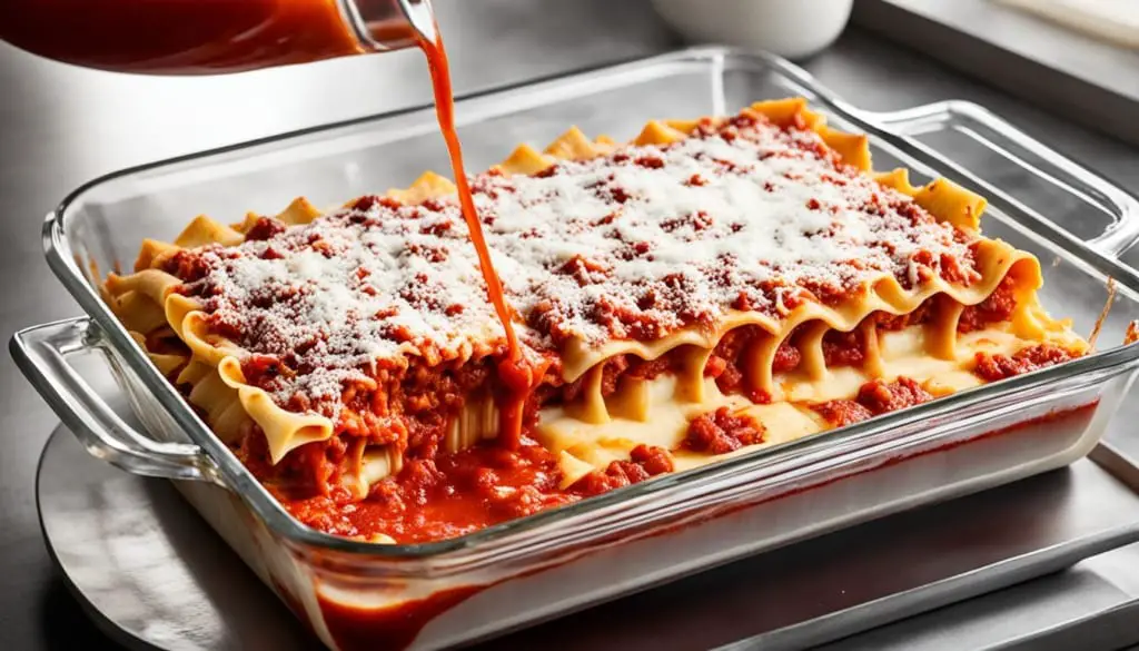 Pouring tomato sauce over a tray of uncooked lasagna layers sprinkled with grated cheese.