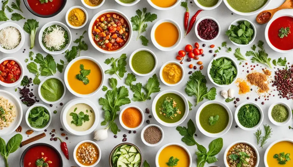 A collection of soups, herbs, spices, and seasonings on a bright surface.