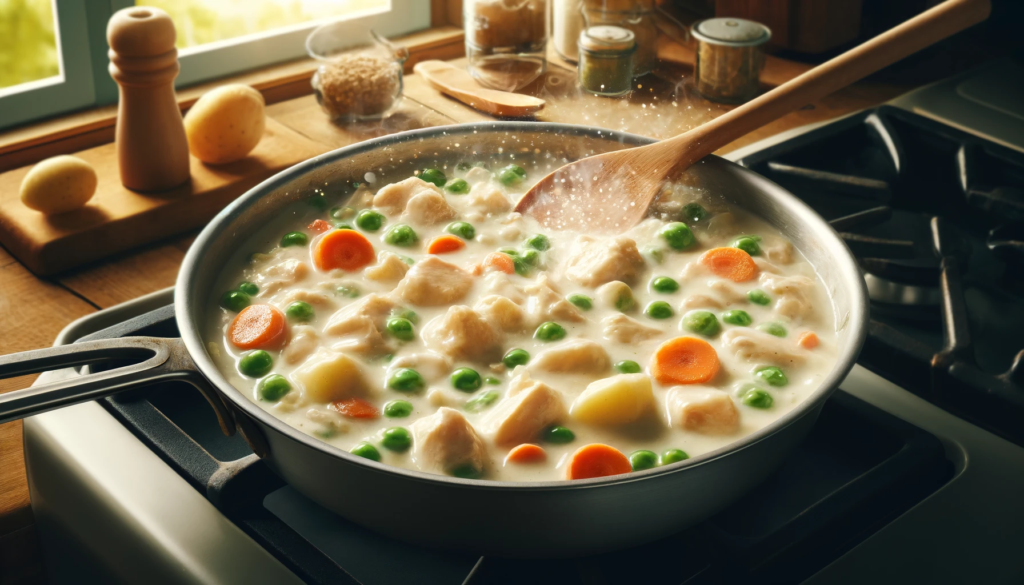 Creamy chicken pot pie filling with vegetables in a pan on the stove.