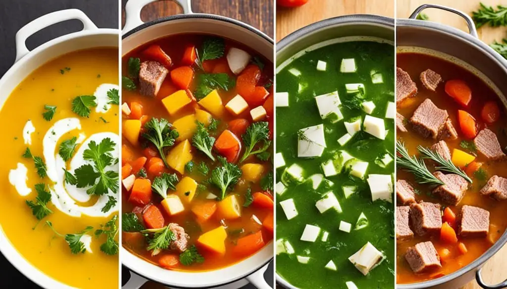 Four bowls of soup with varying textures, from smooth purées to hearty chunks, garnished with fresh herbs.