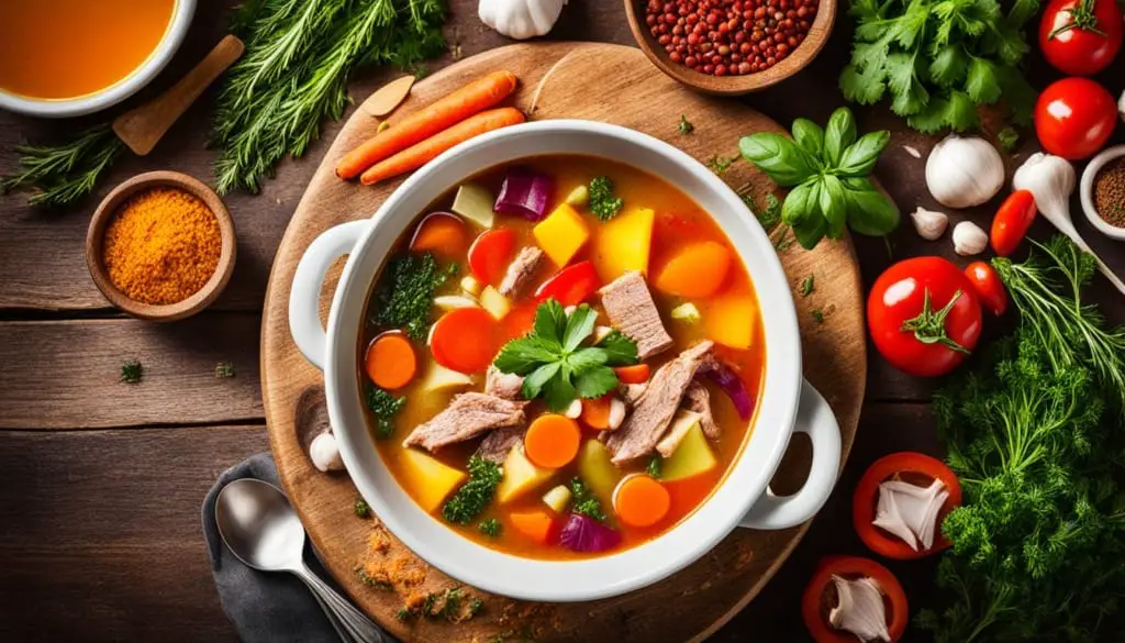 A bowl of hearty chicken soup with vegetables, alongside a selection of condiments and fresh herbs on a wooden surface.
