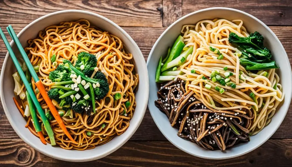 Two bowls of noodles on a wooden table: on the left is chow mein, and on the right is lo mein.