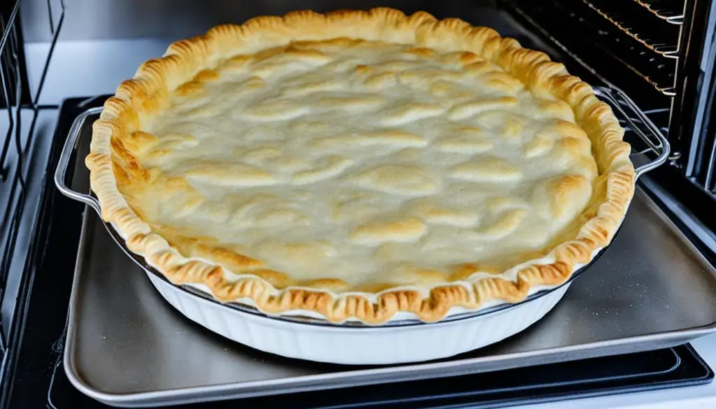 Chicken pot pie in a white baking dish inside the oven.