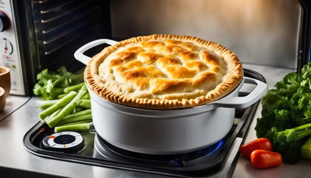 Chicken pot pie on a stove with vegetables around it.