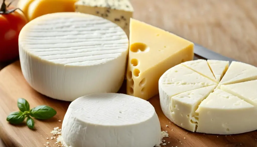 Various cheeses on a wooden board.