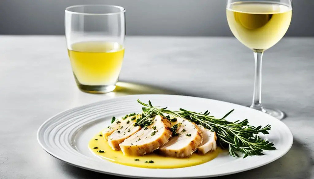 Sliced chicken piccata with herbs on a plate, with two glasses of white wine beside it on a white table.