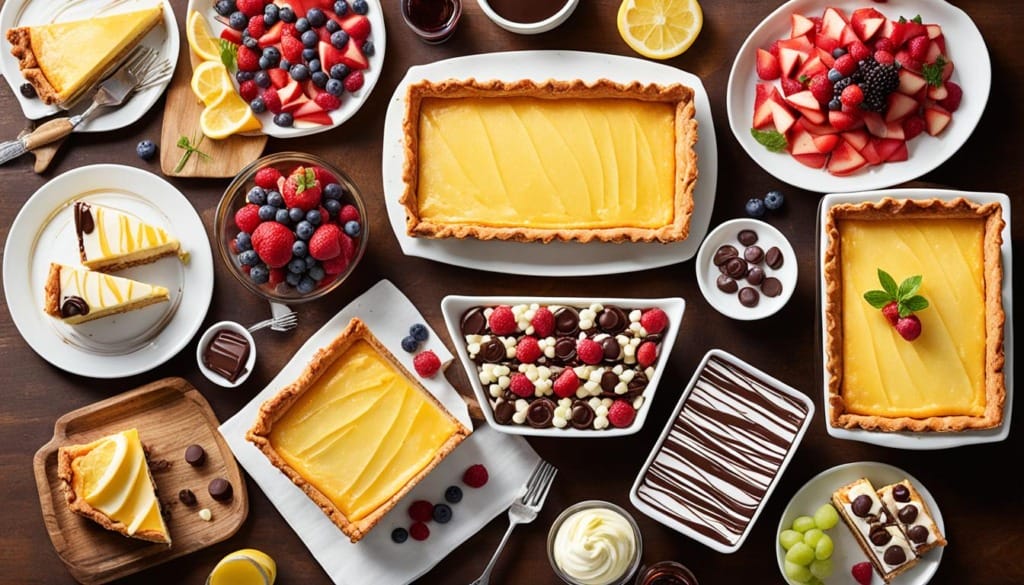Lemon tarts and cheesecakes accompanied by bowls of mixed berries, and chocolate candies, presented on a wooden table.