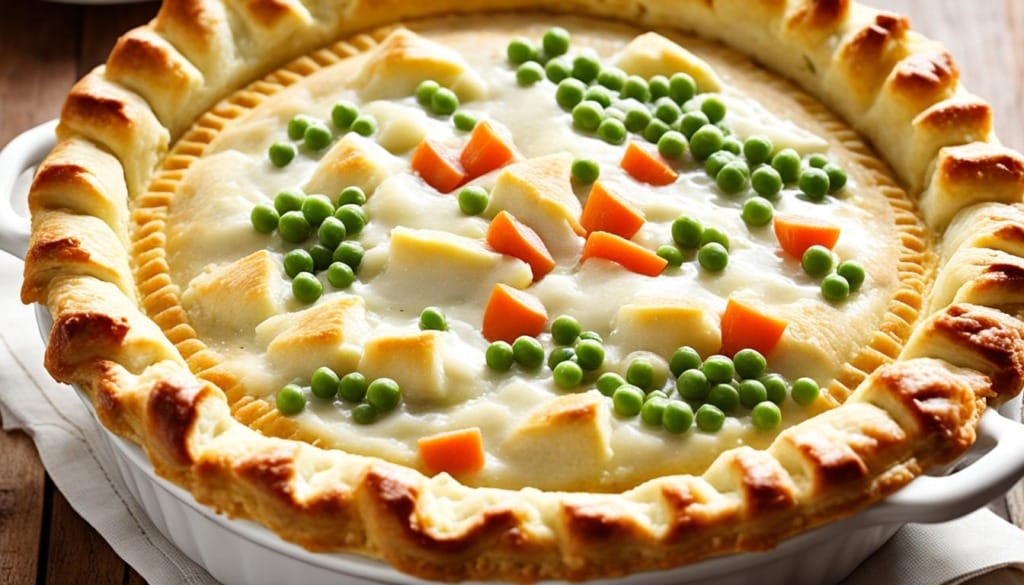 Chicken pot pie with peas and carrots on top.