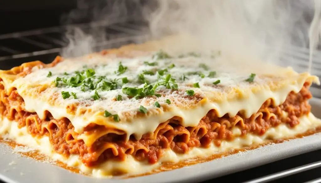 Steamy lasagna with melted cheese and parsley fresh out of the oven on a baking sheet.