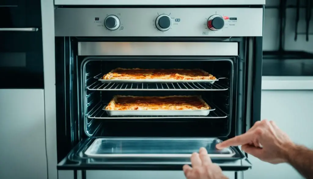 Two trays of lasagna being reheated in an oven with a person's hand turning the knob.