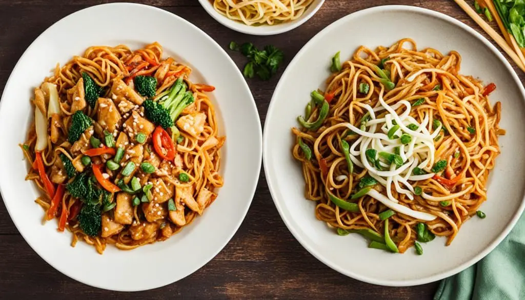 Plate of lo mein on the left and chow fun on the right, placed side by side on a table.