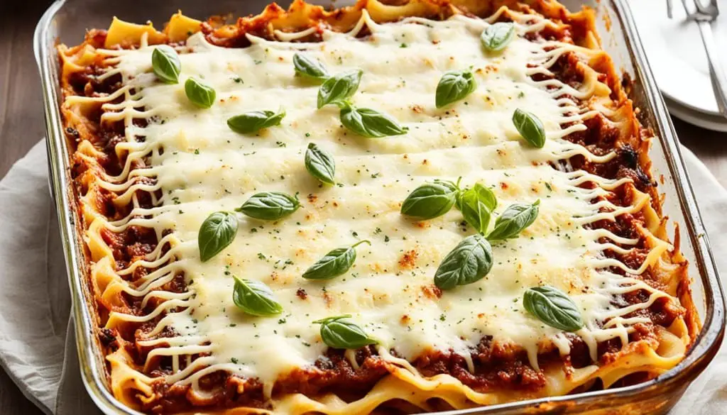 Lasagna with cheese and basil topping in a baking dish.