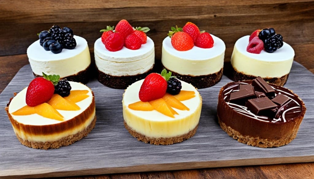 Various types of cheesecakes on a wooden board.