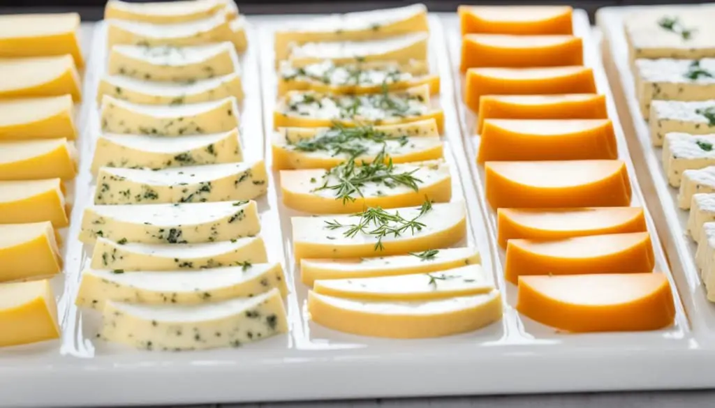 Slices of different flavored cheeses arranged on a white tray.