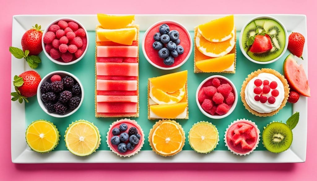 An array of desserts and fresh fruit slices arranged on a rectangular platter.