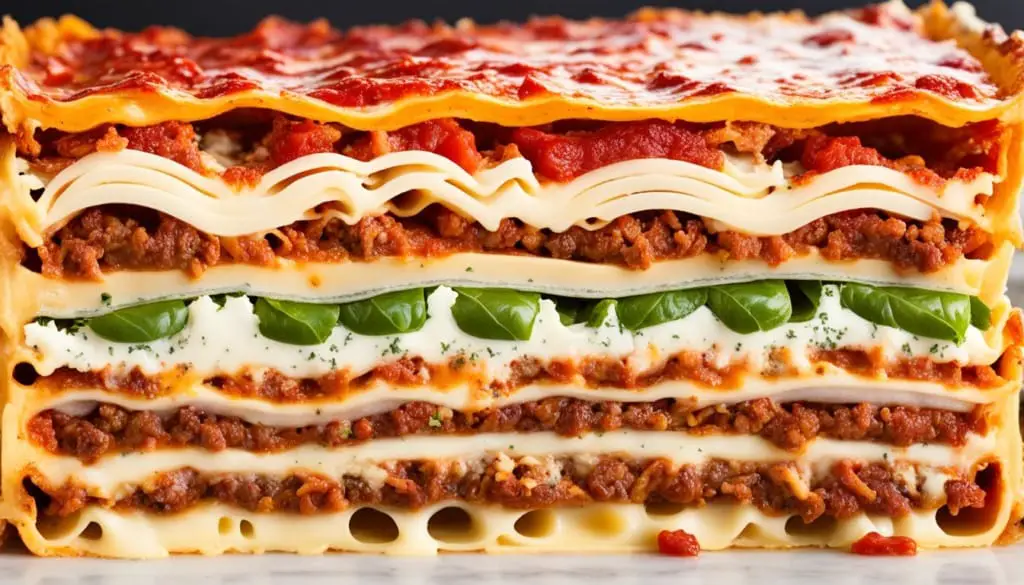 A stacked slice of lasagna with layers of cheese and meat sauce garnished with basil.