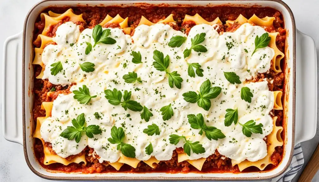 Lasagna topped with white sauce and parsley in a white ceramic dish.