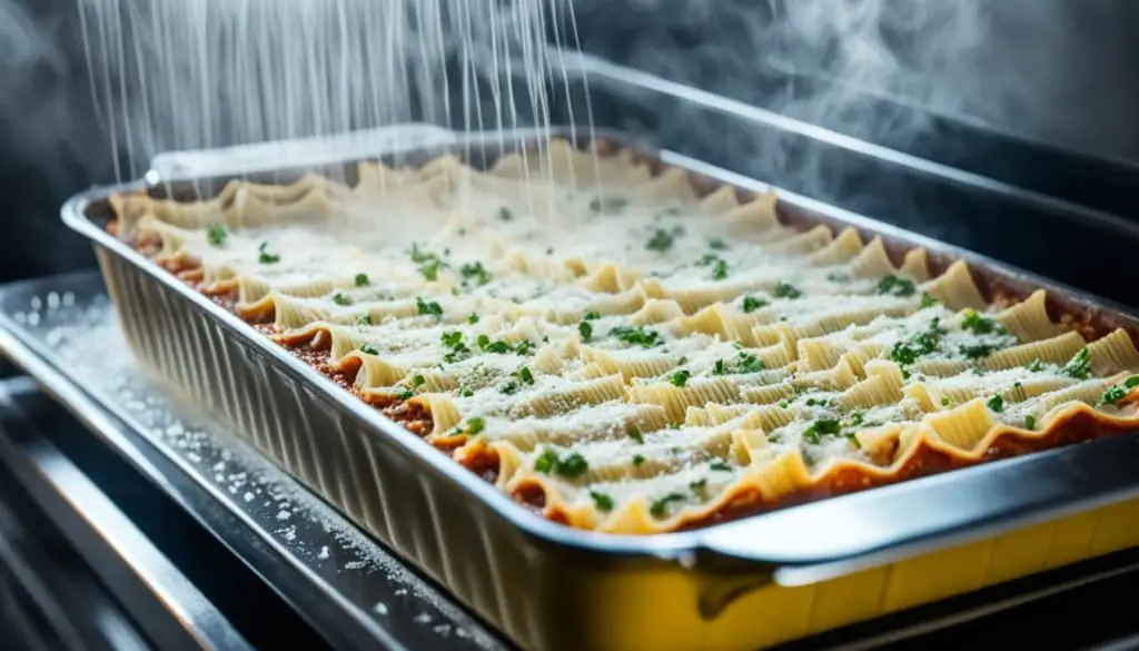 Freshly baked lasagna in a dish sprinkled with grated cheese and herbs, steaming in the oven.